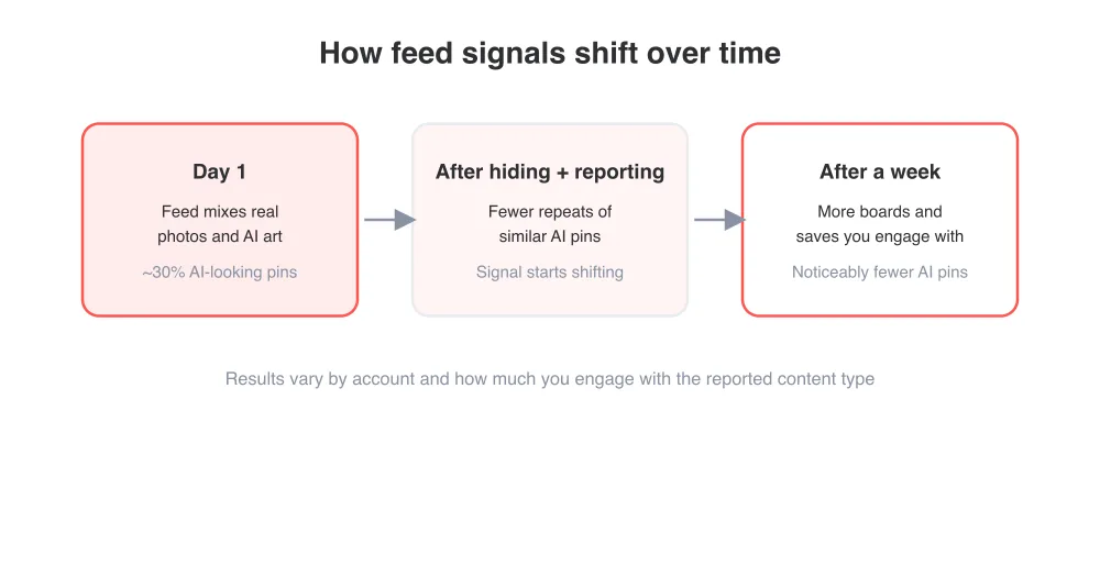 Feed signals shift gradually as you hide, report, and re-engage with different content.